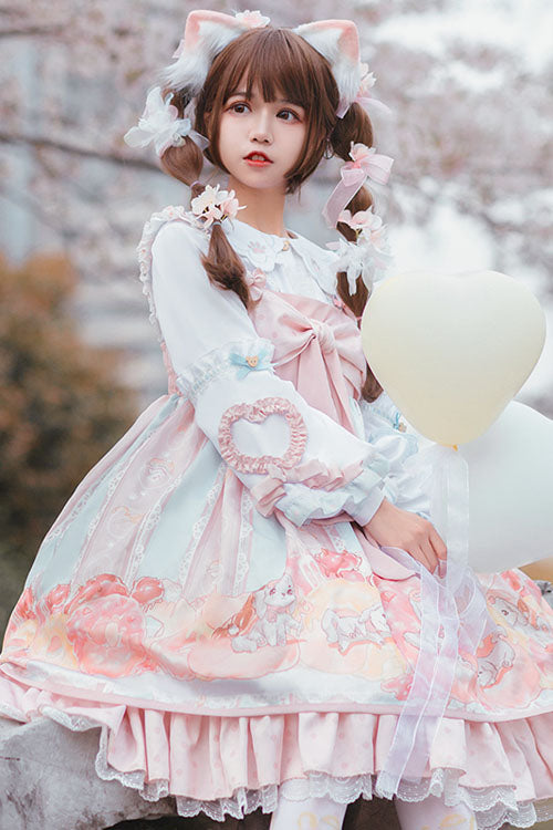 Pink Dog Donuts Print Bowknot Ruffled Sweet Lolita JSK Dress