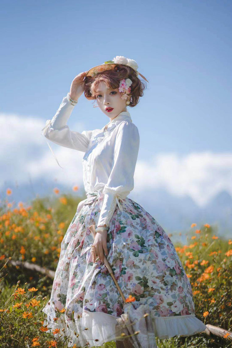 White Afternoon Tea Floral Printed Ruffled Sweet Lolita Skirt