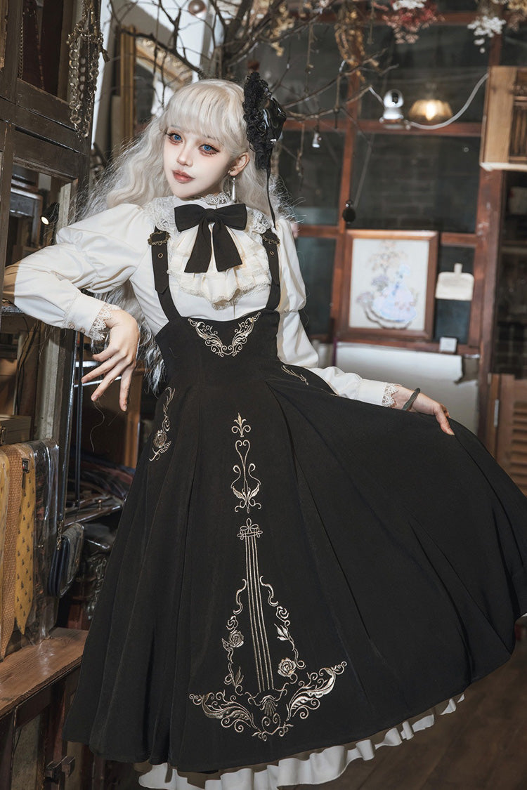 Black/White Violin Variations Ruffled Embroidered Gothic Lolita Jumper Dress Set