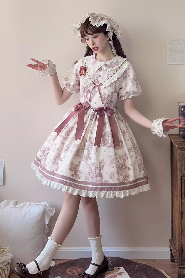 Smoky Purple Grape Moon Almanac Short Sleeves Multi-Layered Printed Ruffled Bow Sweet Lolita Dress