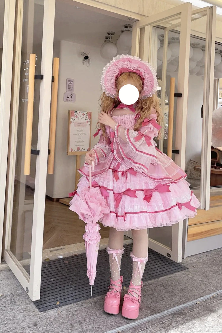 Pink Velvet Cake Long Trumpet Sleeves Multi-Layered Ruffle Bowknot Lace Sweet Lolita Dress