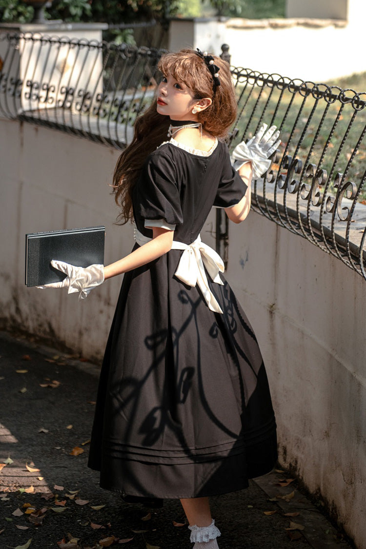 Black Random Thoughts Square Collar Short Sleeves Ruffle Classic Vintage Elegant Lolita Dress
