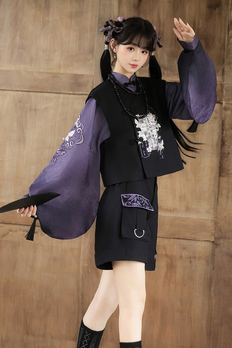 Black/Purple Stand Collar Long Sleeves Embroidery Classic Chinese Style Prince Hanfu Ouji Set