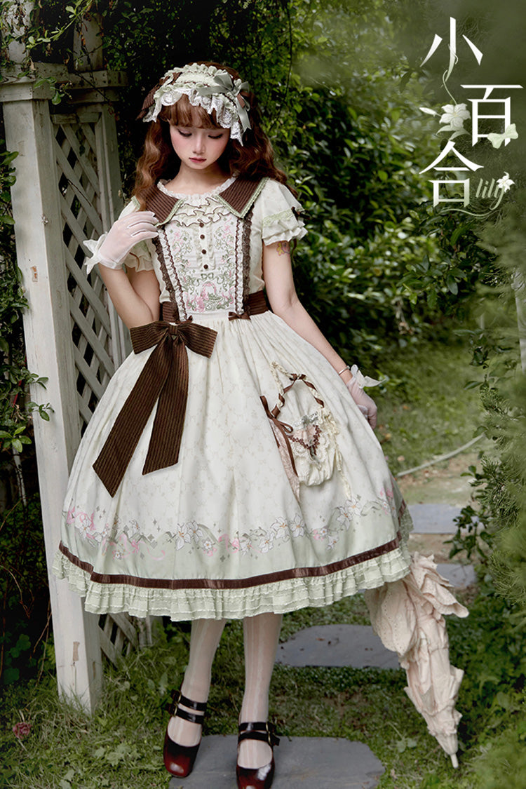 Green/Ivory Lily Short Sleeves Print Ruffle Embroidery Bowknot Lace Sweet Elegant Lolita Dress