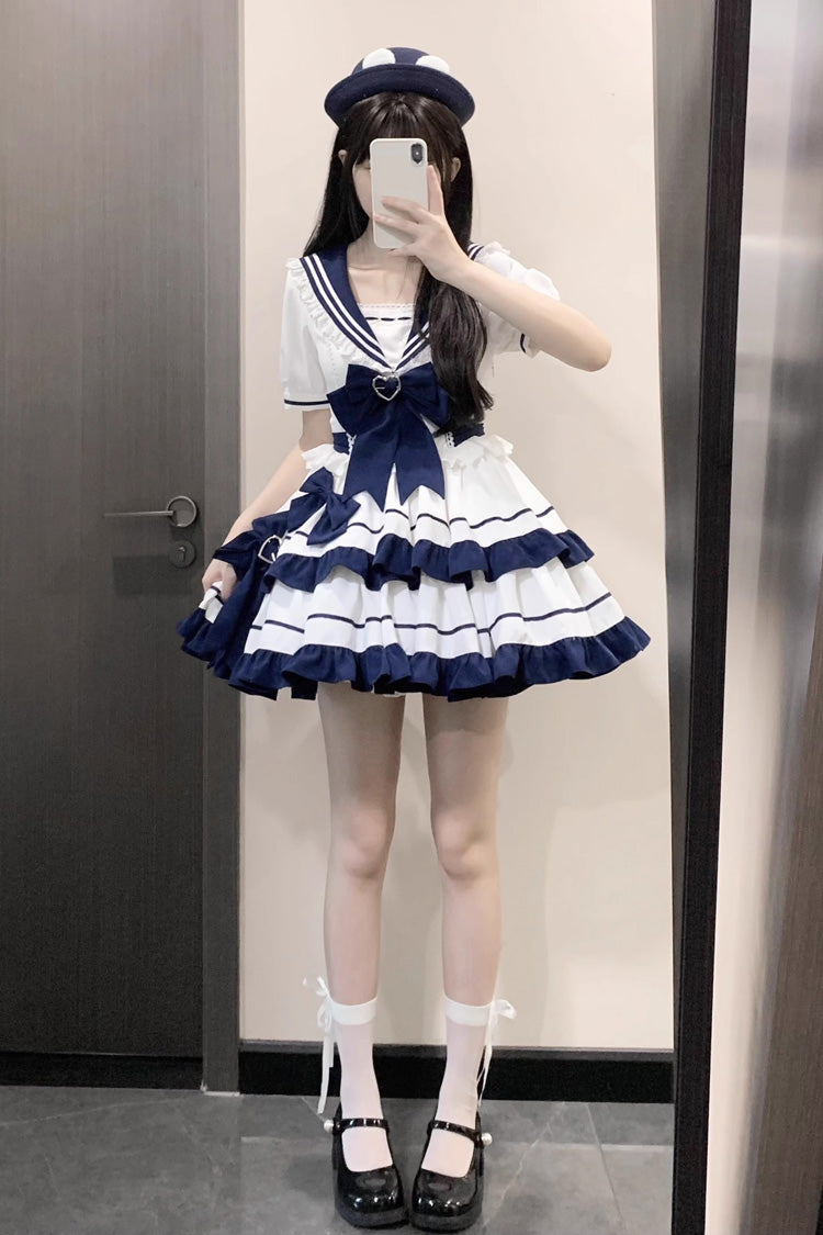 Dark Blue Navy Style Short Sleeves Double Layer Ruffle Bowknot Lace Sweet Lolita Dress