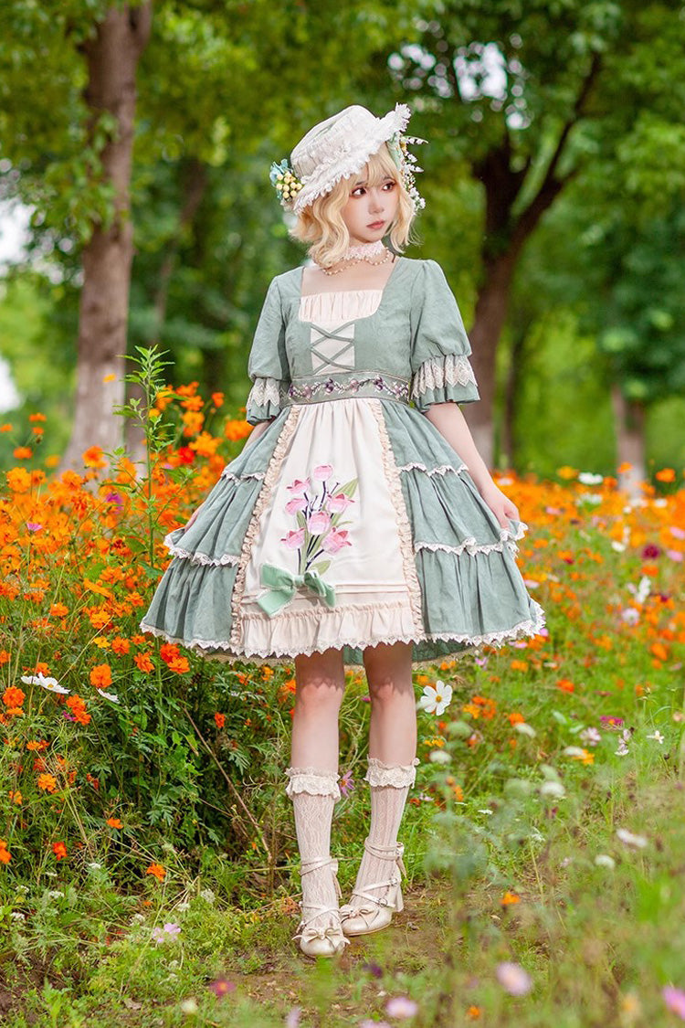 Tulip Print Embroidery Short Sleeves Multi-layer Sweet Elegant Lolita Jsk Dress 3 Colors