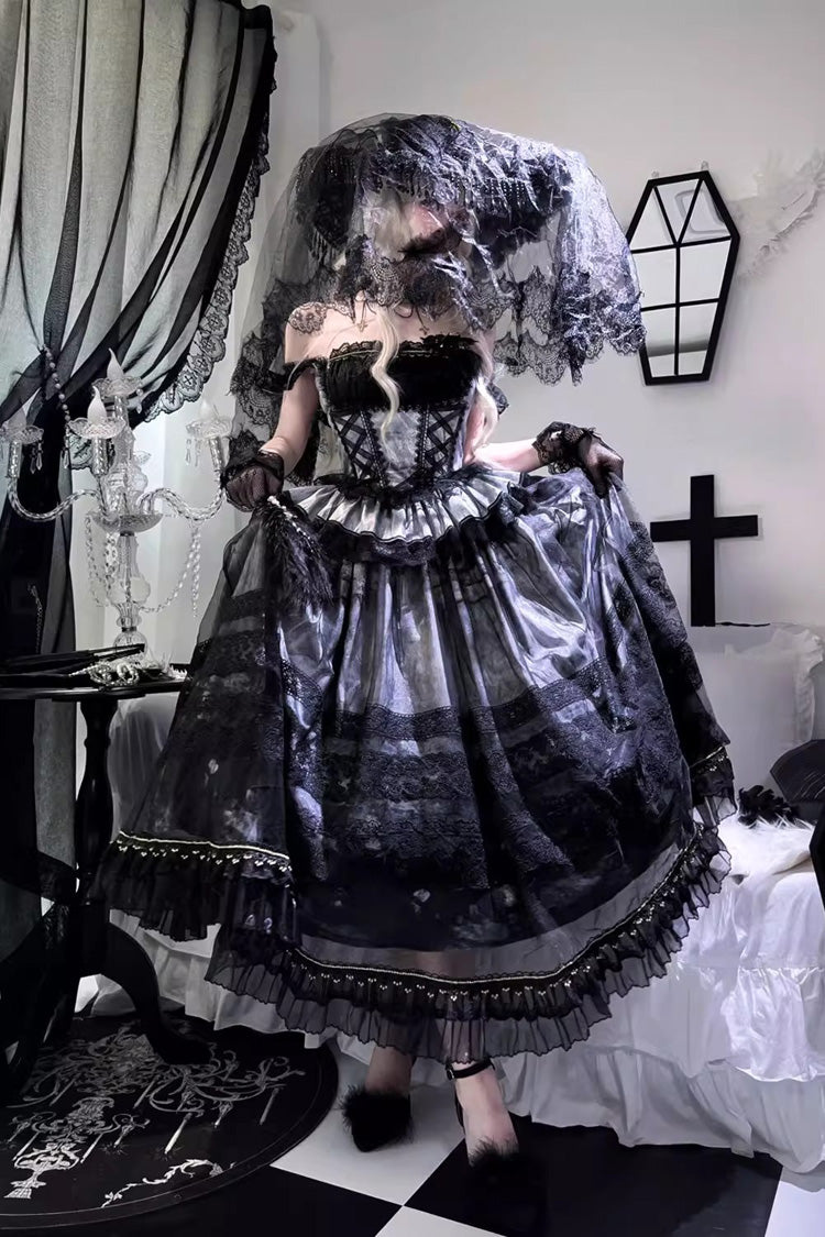 Grey/Blue Mist-shrouded Vineyard Sleeveless Ruffle Bowknot Lace-Up Sweet Lolita Jsk Skirt Dress Set