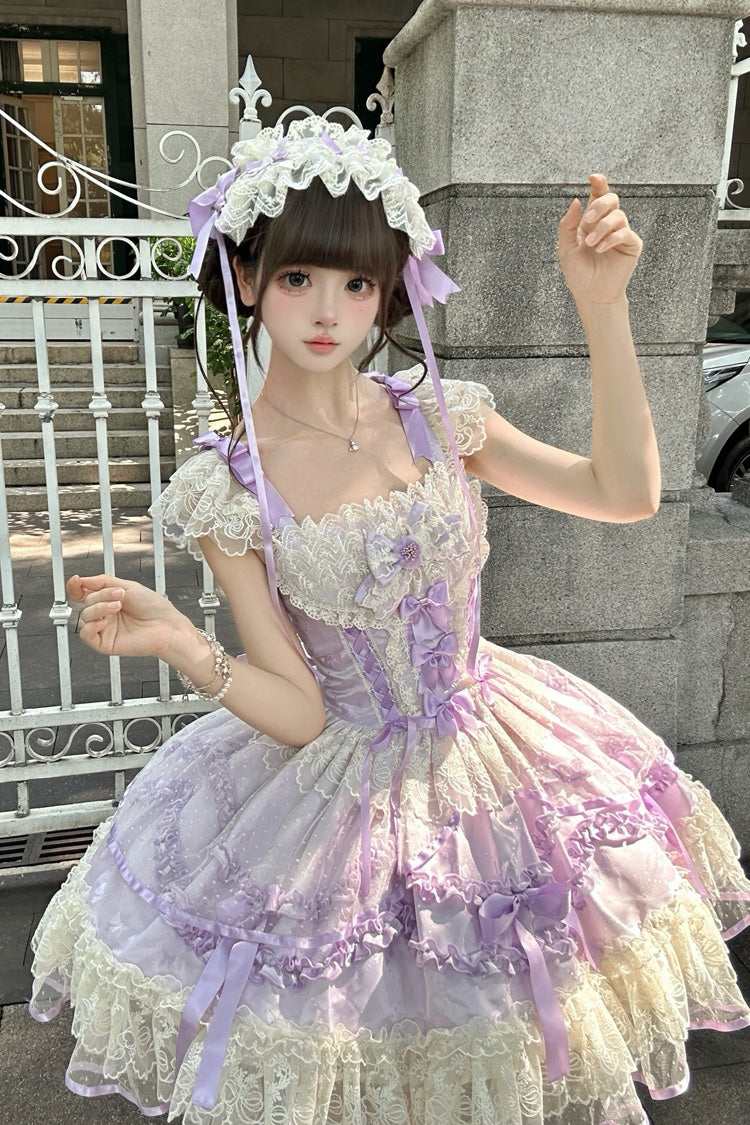 Purple Dreaming Butterfly Multi-Layered Jacquard Ruffle Bowknot Lace Sweet Princess Lolita Jsk Dress