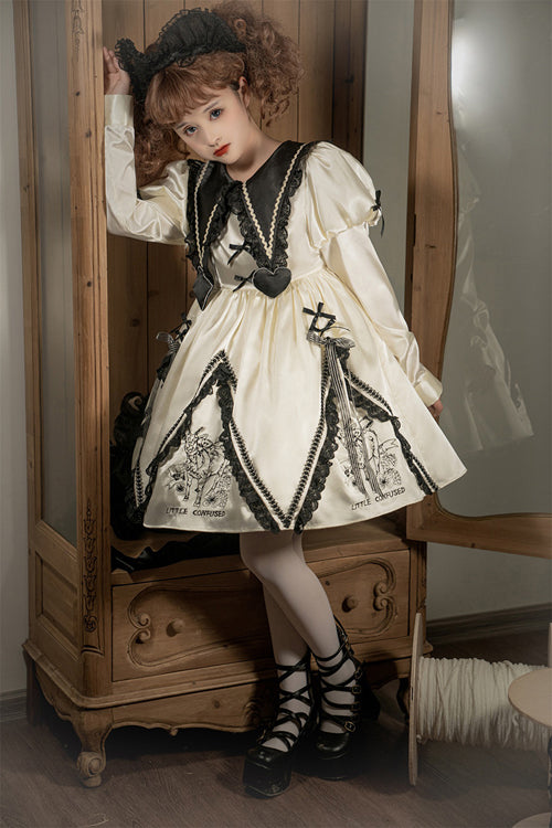 Beige Doll Lapel Collar Long Sleeves Little Confused Print High Waisted Sweet Lolita OP Dress