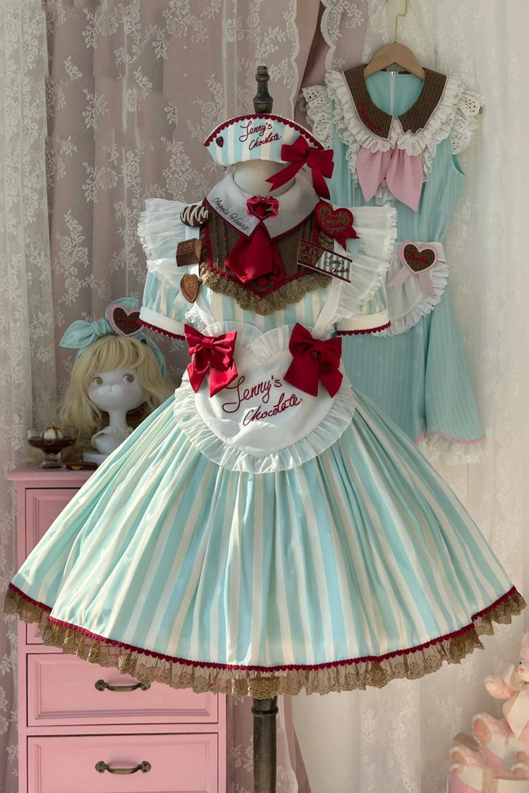 Green Jenny's Chocolate Short Sleeves Vertical Stripes Print Ruffle Bowknot Sweet Lolita Dress