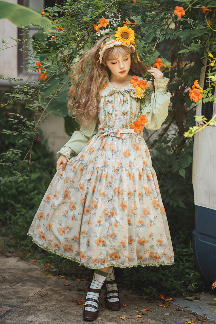 Green Gardening Sunflower Sleeveless Print Ruffle Bowknot Sweet Elegant Lolita Jsk Dress