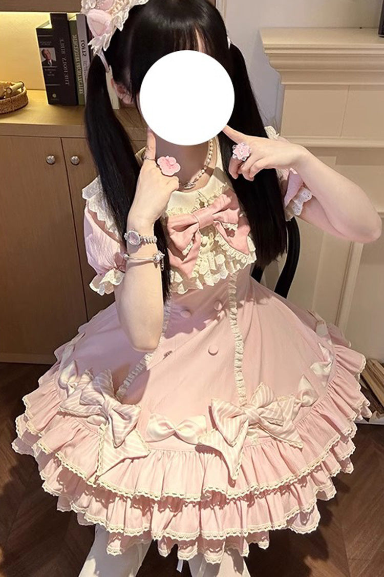 Pink Striped Layered Short Sleeves Multi-Layered Ruffle Bowknot Sweet Princess Lolita Tiered Dress