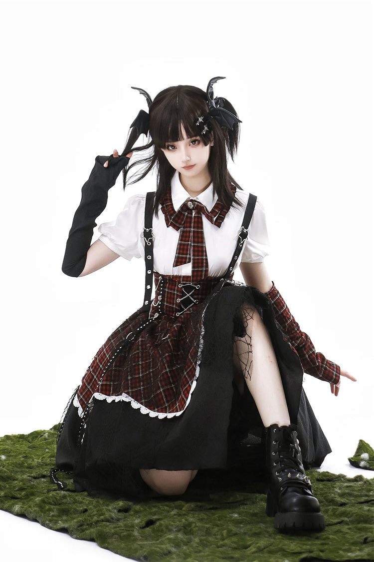 Black/Red Soul Mantra Plaid Print Irregular Sweet Lolita Strap Dress