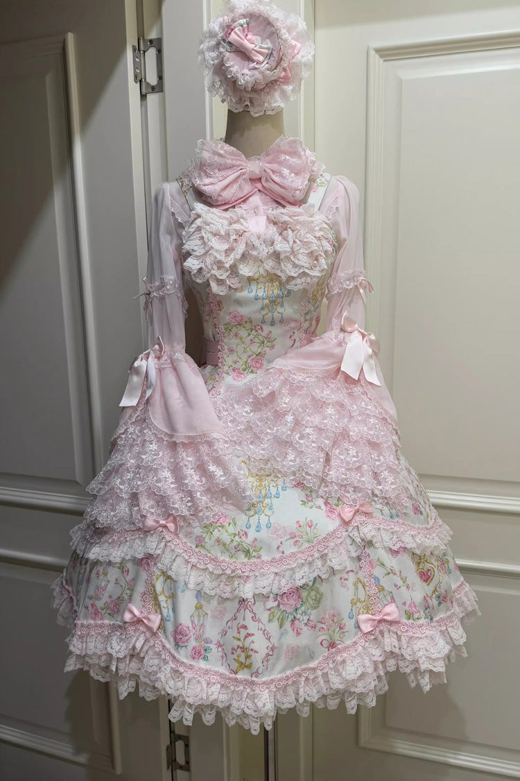 White/Pink Sleeveless Flower Wall Print Ruffle Bowknot Lace Sweet Lolita Jsk Dress
