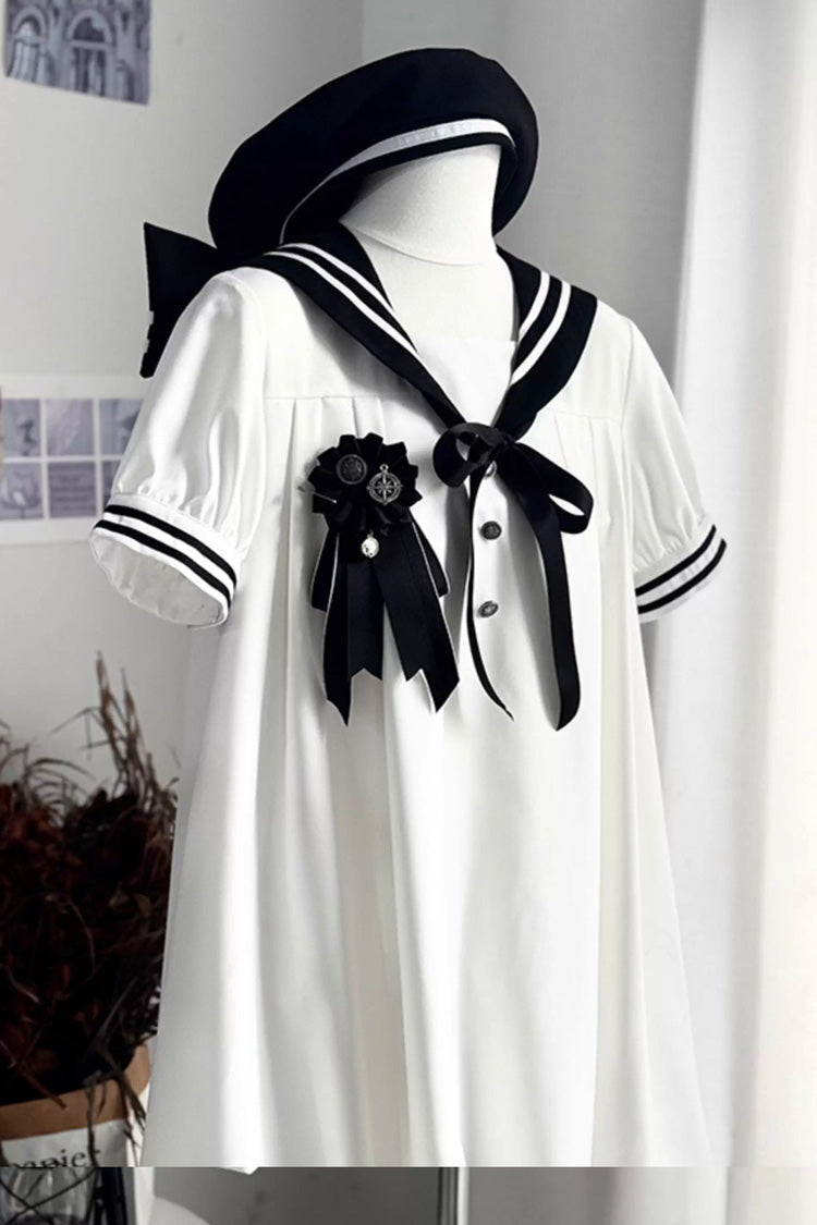 Black/White Old Stories Navy Collar Short Sleeves Bowknot Sweet Lolita Dress