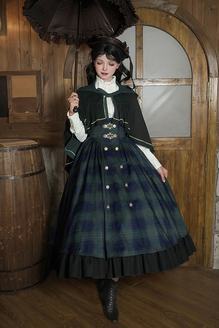 Blue/Green Berlin's letter Double-Layered Plaid Print Ruffle Bowknot Classic College Style Lolita Strap Dress Set 2 Versions