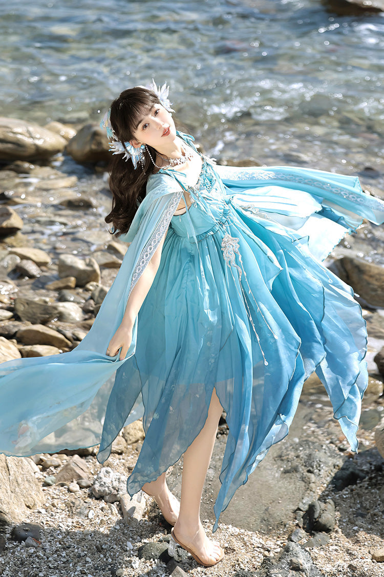 Blue Ocean Sprite Gradient Print Irregular Hooded Sweet Lolita Jsk Dress Cloak Set