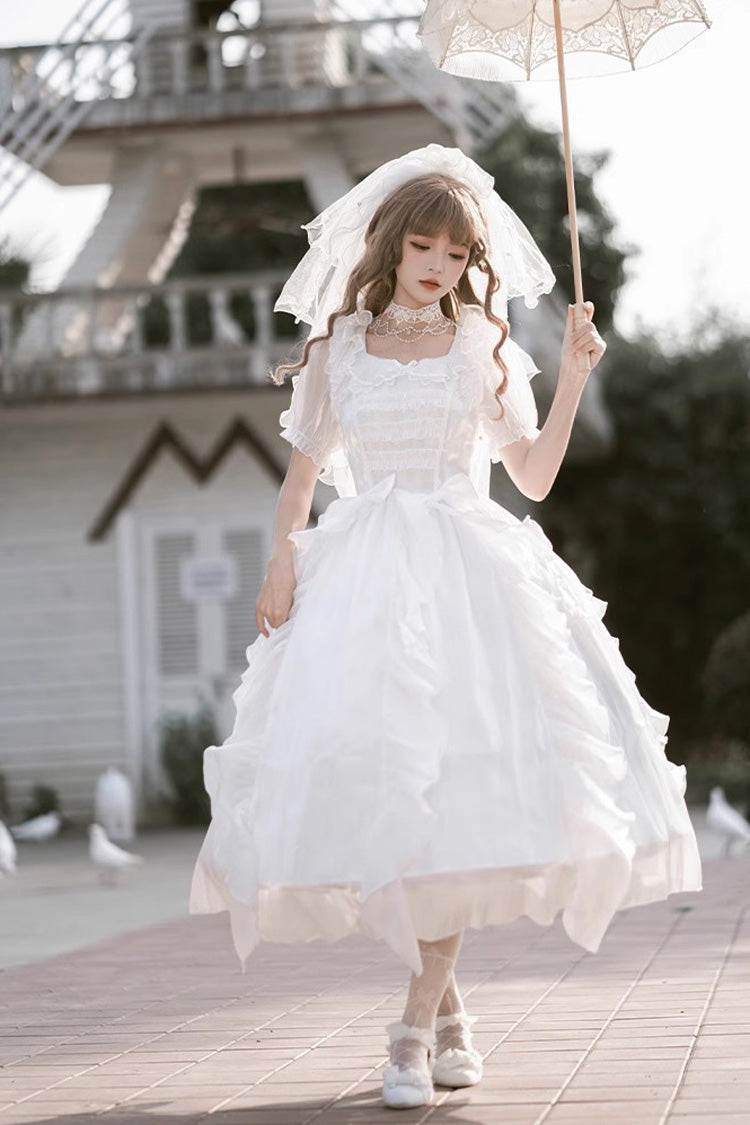White Ode to Floating Lights Fantasy Fairy Short Sleeves Ruffle Sweet Elegant Lolita Dress