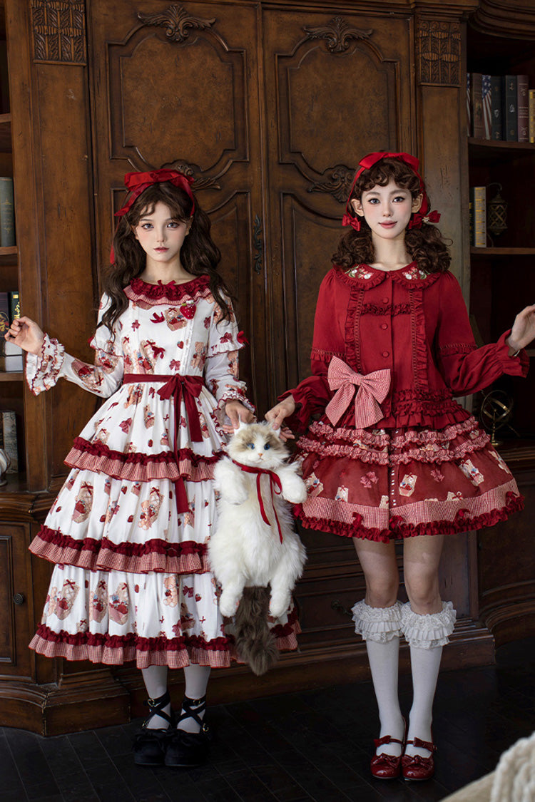 White/Pink Bell Strawberry Farm Print Long Sleeves Triple-Layered Ruffle Sweet Lolita Dress