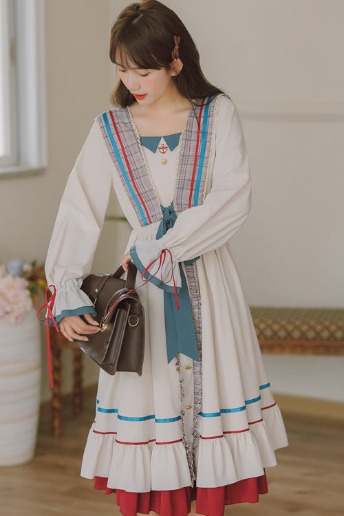 Multi-Color Square Collar Ruffled Long Sleeves Paneled Hem Sweet Lolita OP Dress