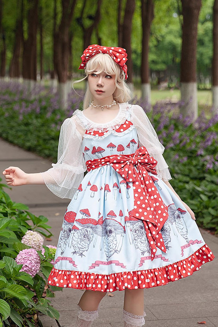 Cat Head Mushroom Print Ruffle Bowknot Sweet Lolita Dress 2 Colors