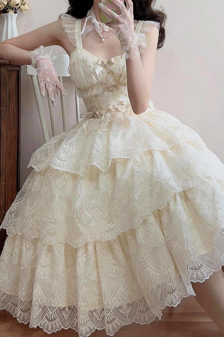 Ivory Tidal Triple-Layered Ruffle Bowknot Sweet Lolita Skirt 2 Versions