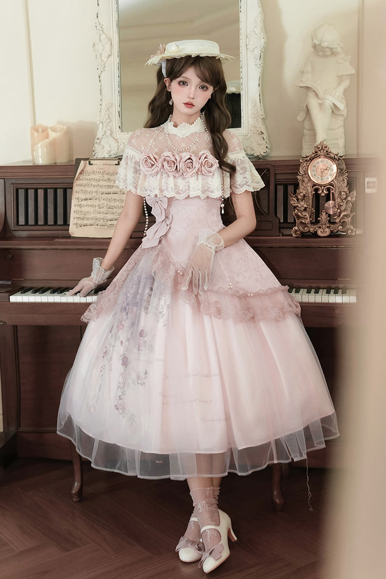 Pink Rose Poems Ruffle Embroidery Bowknot Lace Asymmetric Sweet Elegant Lolita Dress Set