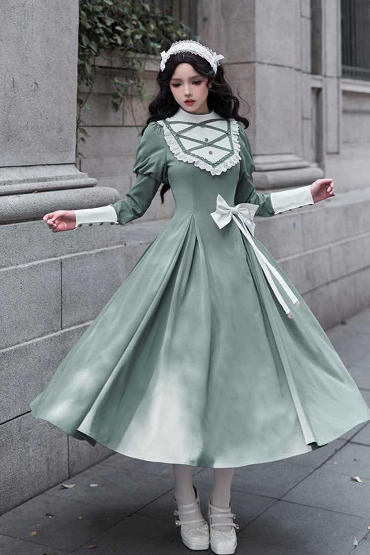 Green Nun Style Stand Collar Long Sleeves Ruffle Bowknot Classic Elegant Lolita Dress