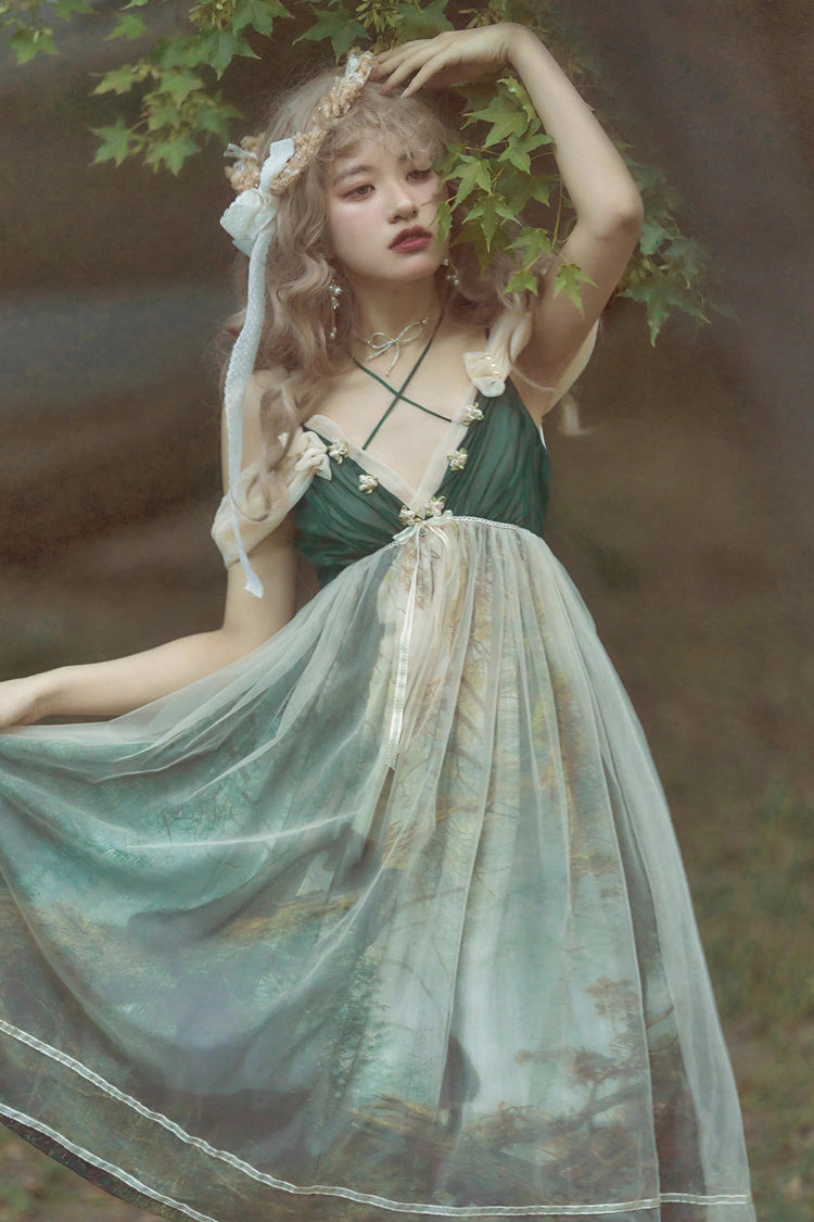 Green V Collar Morning In Pine Forest Print Sweet Lolita Jsk Dress