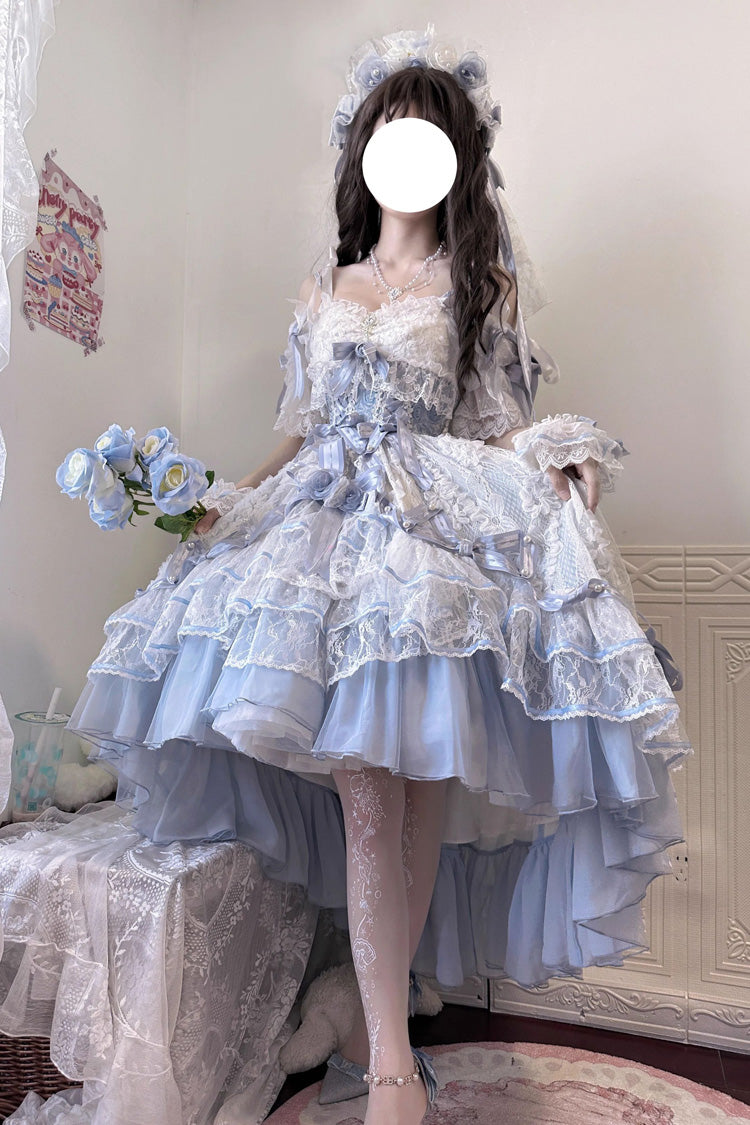 Blue Diane Rose Short Sleeves Multi-Layered Jacquard Ruffle Hanayome Cardigan Bowknot Lace Sweet Lolita Dress