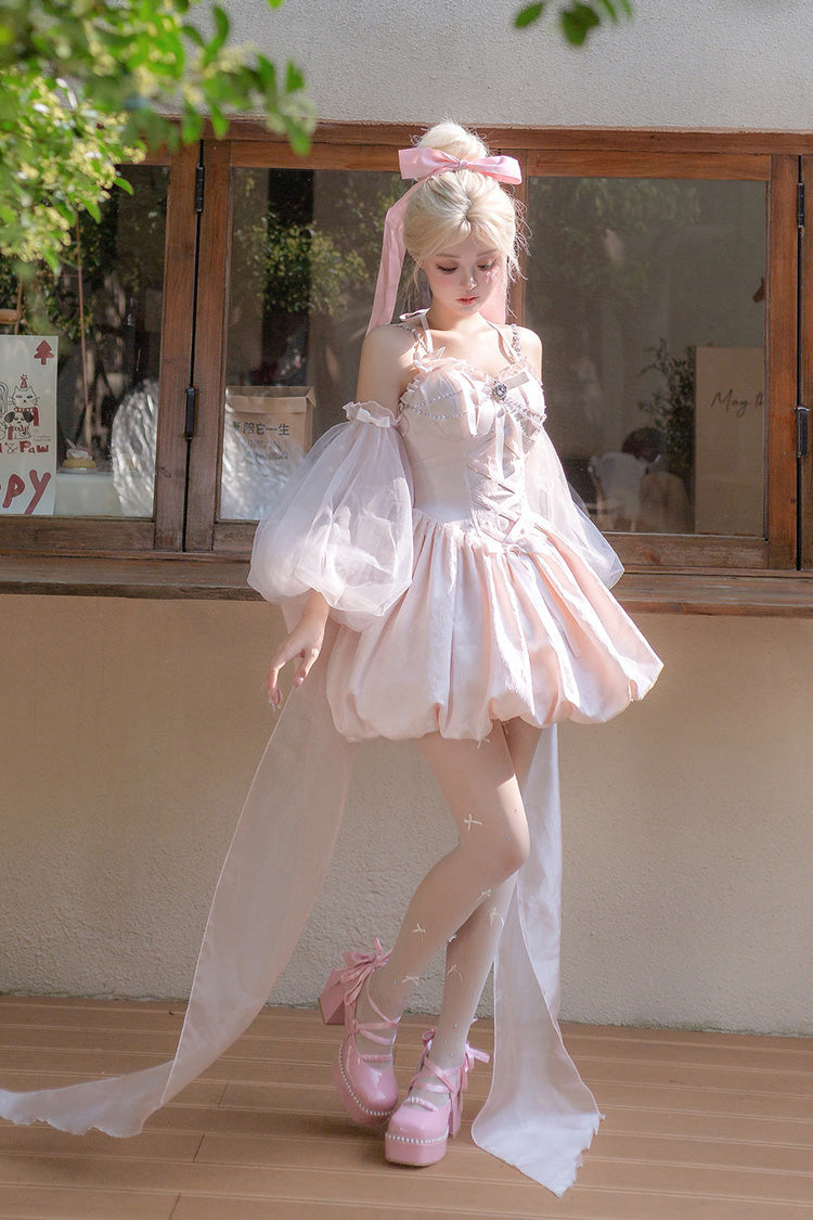 Pink The Runaway Princess Sleeveless Ruffle Bowknot Lace-Up Sweet Lolita Jsk Tulip Dress Set