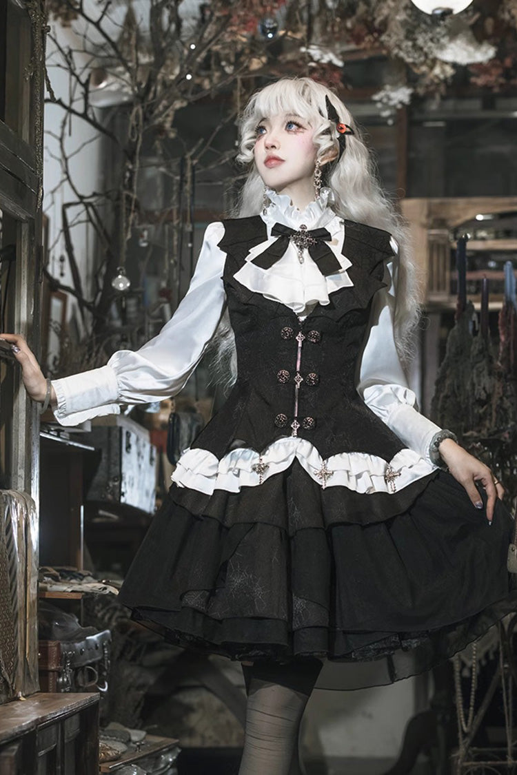 Black/White The Duke of Blood Multi-Layered Ruffle Bowknot Gothic Lolita Vest Skirt Set