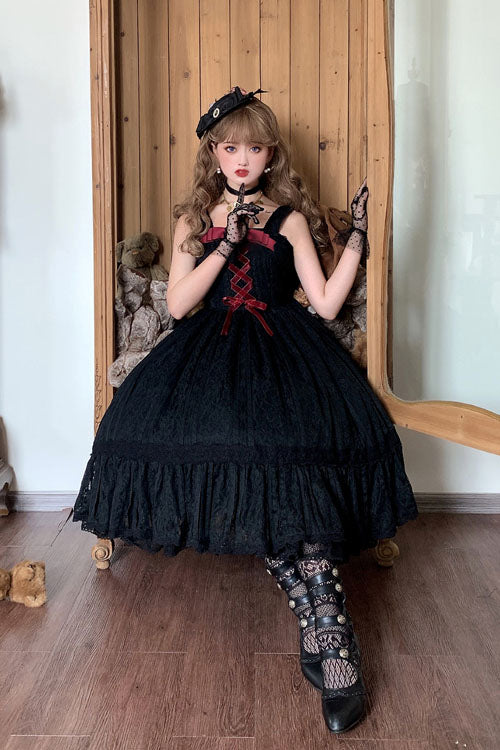 Black Solid Color Elegant Vintage Rose Multi-Layer Embroidery Ruffled Sweet Lolita JSK Dress