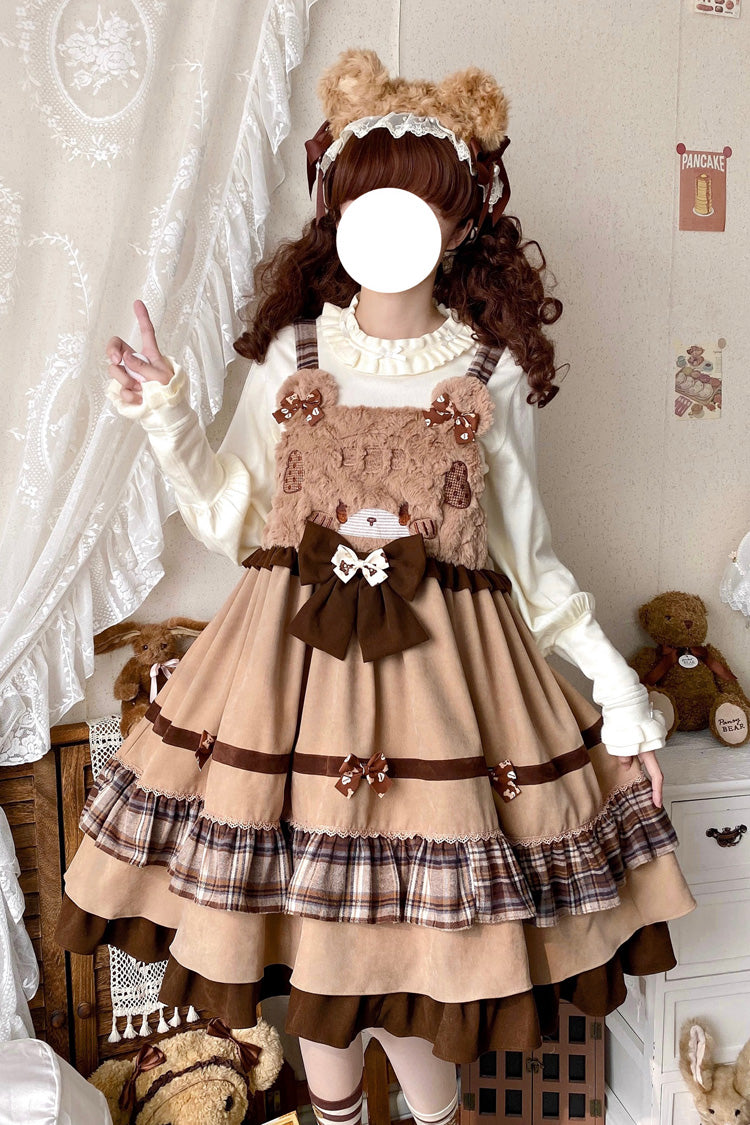 Brown Bear Triple-Layered Ruffle Bowknot Sweet Lolita Strap Dress