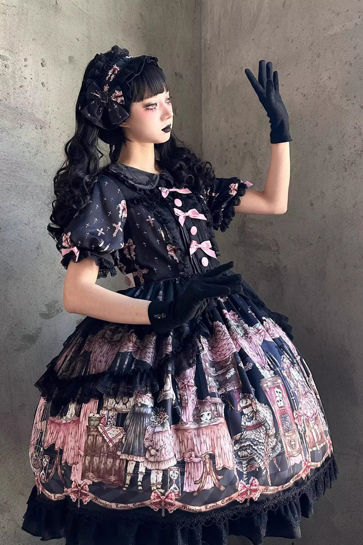 Black The Case of the Missing Lamb Print Long Sleeves Ruffle Bowknot Lace Gothic Lolita Dress