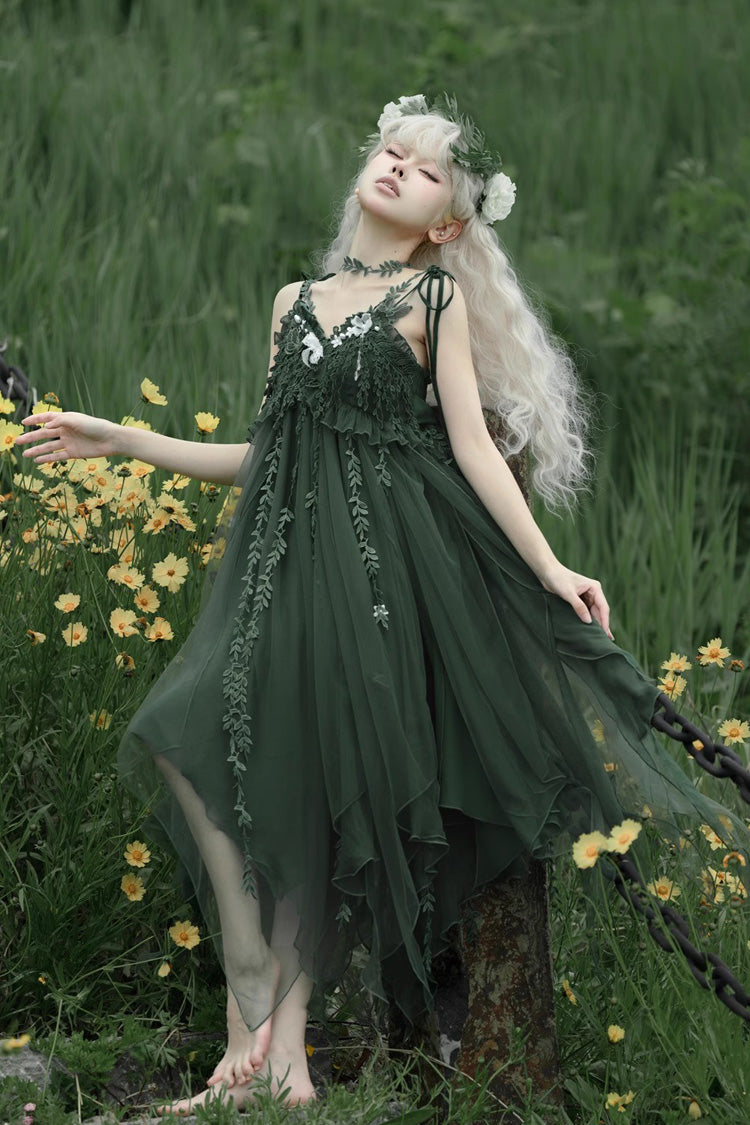 Green Forestry Asymmetric Hem Sweet Chinese Style Lolita Jsk Dress