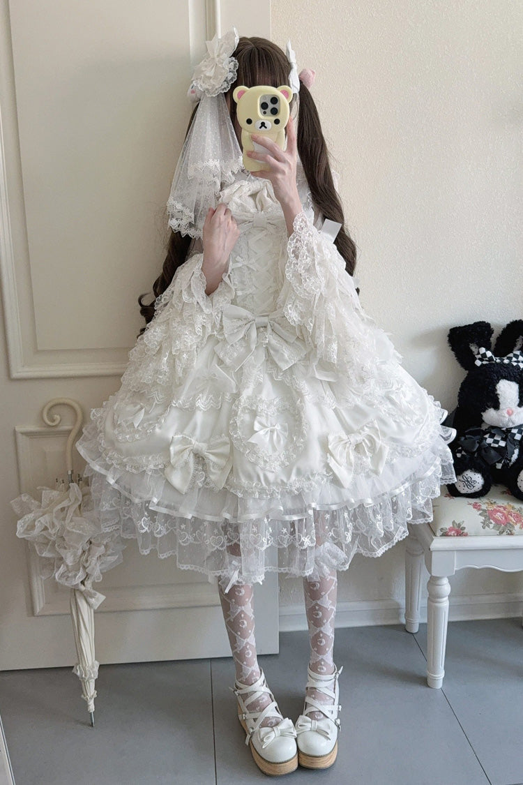 White Sweetheart Sleeveless Multi-Layered Embroidered Bow Lace Lace-Up Sweet Lolita Jsk Dress