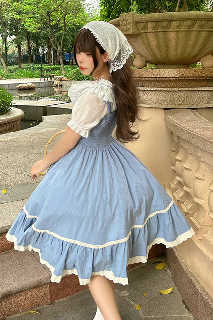 Blue Print Ruffle Stitching Lace Sweet Lolita Strap Dress Set
