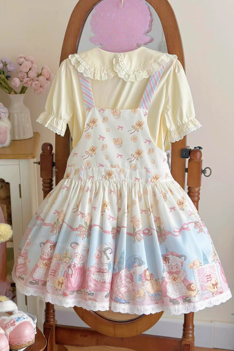 Blue/Pink Sheep Waltz Print Ruffle Bowknot Lace Sweet Lolita Strap Dress