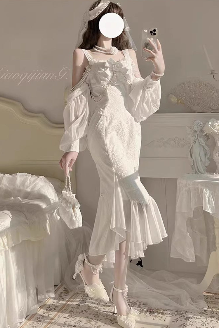White Camellia 1.0 Sleeveless Jacquard Ruffle Lace Sweet Chinese Style Lolita Jsk Fishtail Dress