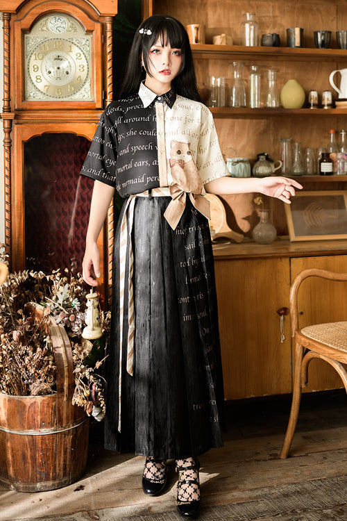 Black High Waisted Orange Cat Print Ouji Lolita Long Skirt