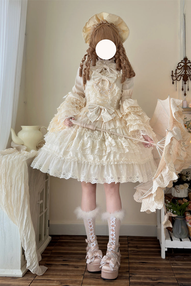 Apricot Love and Heart Flutter Sleeveless Multi-Layered Ruffle Bowknot Lace Pearl Sweet Lolita Jsk Dress