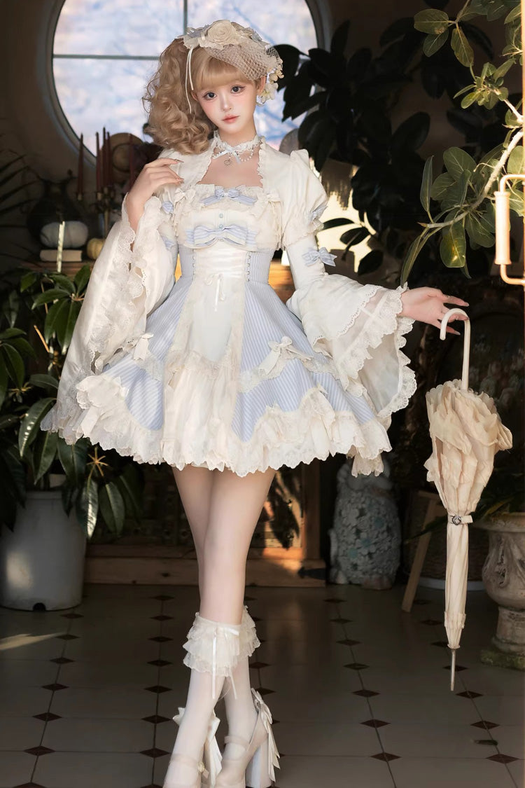 Blue Letter Paper Sleeveless Double-Layered Printed Ruffled Open-Front Bow Lace-Up Sweet Lolita Jsk Dress (Short Version)