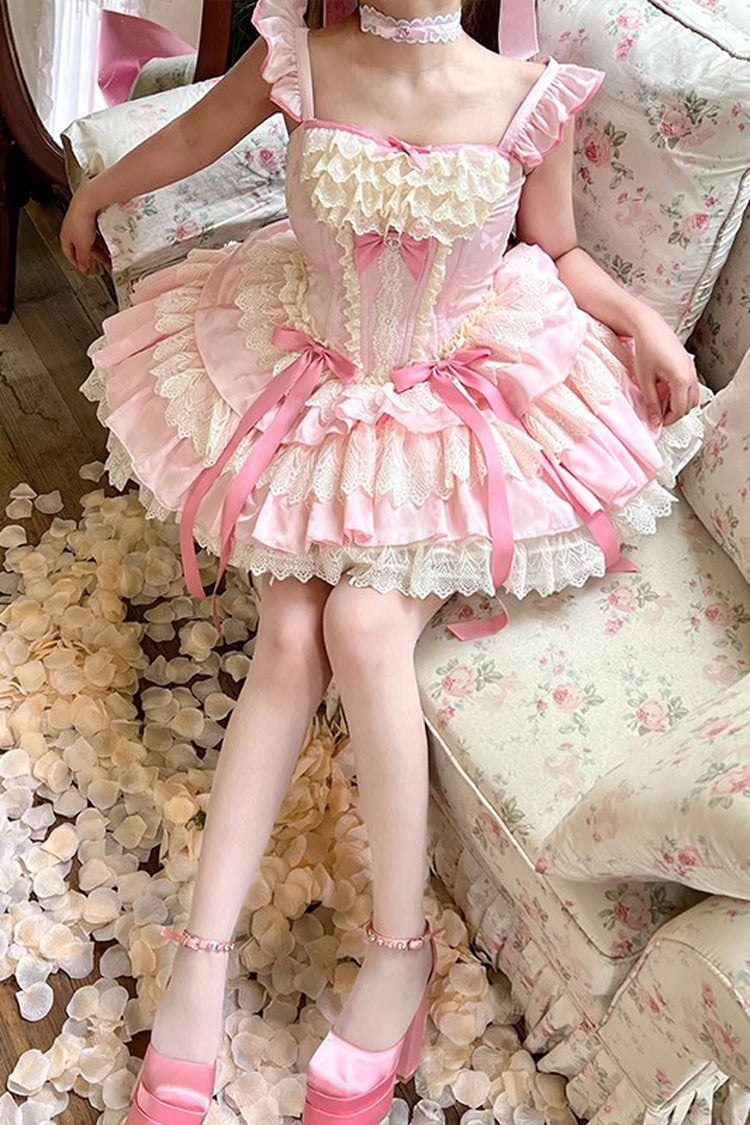 Pink Strawberry Candy Multi-Layered Ruffle Bowknot Lace Sweet Ballet Lolita Dress