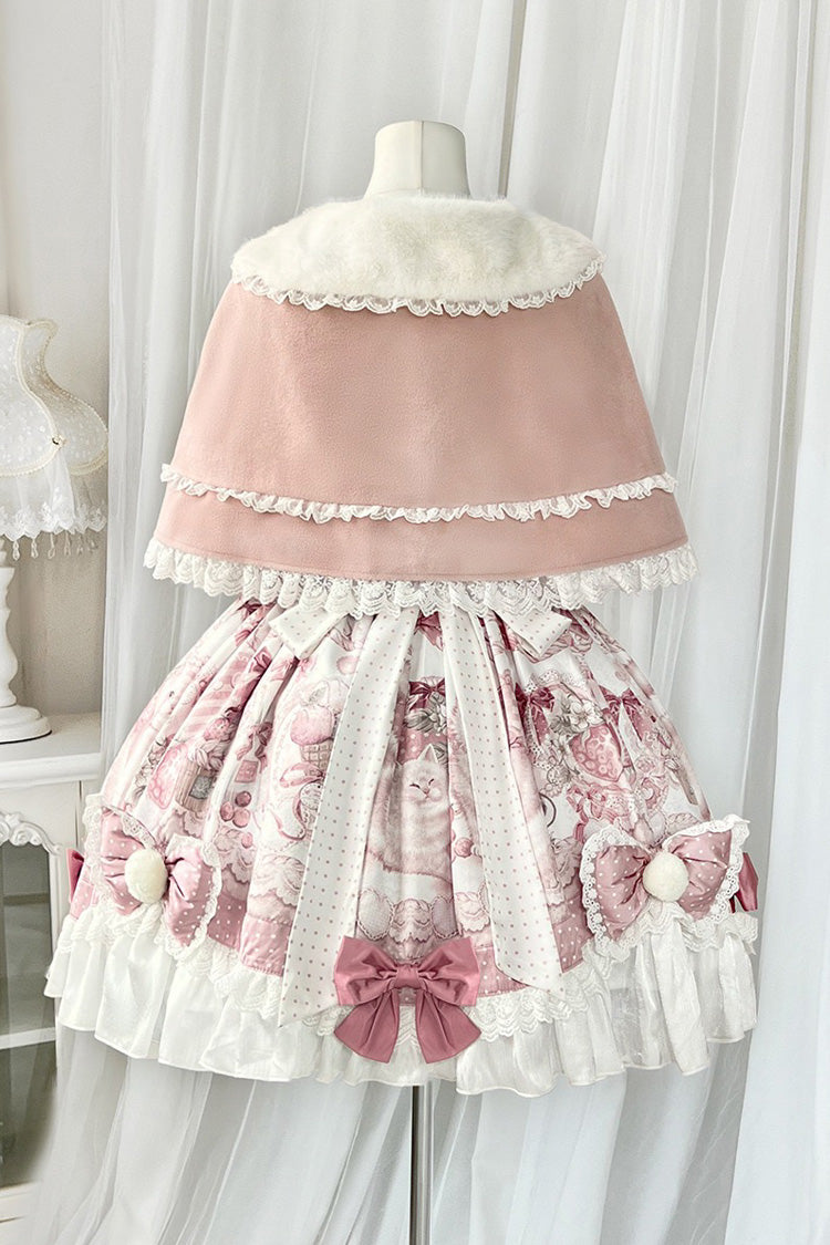 Pink Sweet Dessert Cat Print Ruffle Bowknot Lace Sweet Princess Lolita Dress Set