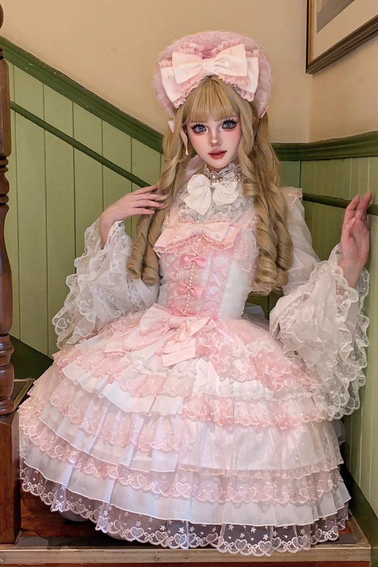 Pink/White Love Overture Multi-Layered Ruffle Bowknot Lace Sweet Lolita Jsk Dress