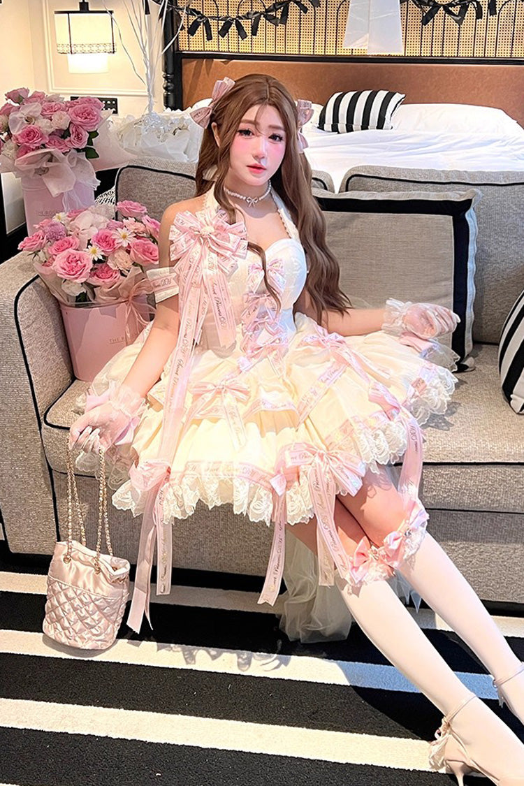 Pink Young Lady Halterneck Sleeveless Multi-Layered Ruffle Bowknot Elegant Princess Sweet Lolita Dress