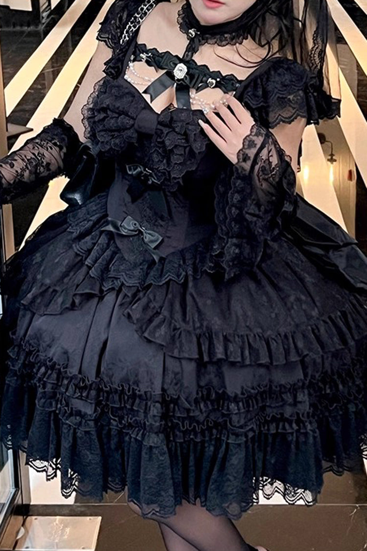 Black Jewelry Love Story Halterneck Ruffle Hanayome Bowknot Lace Gothic Lolita Dress