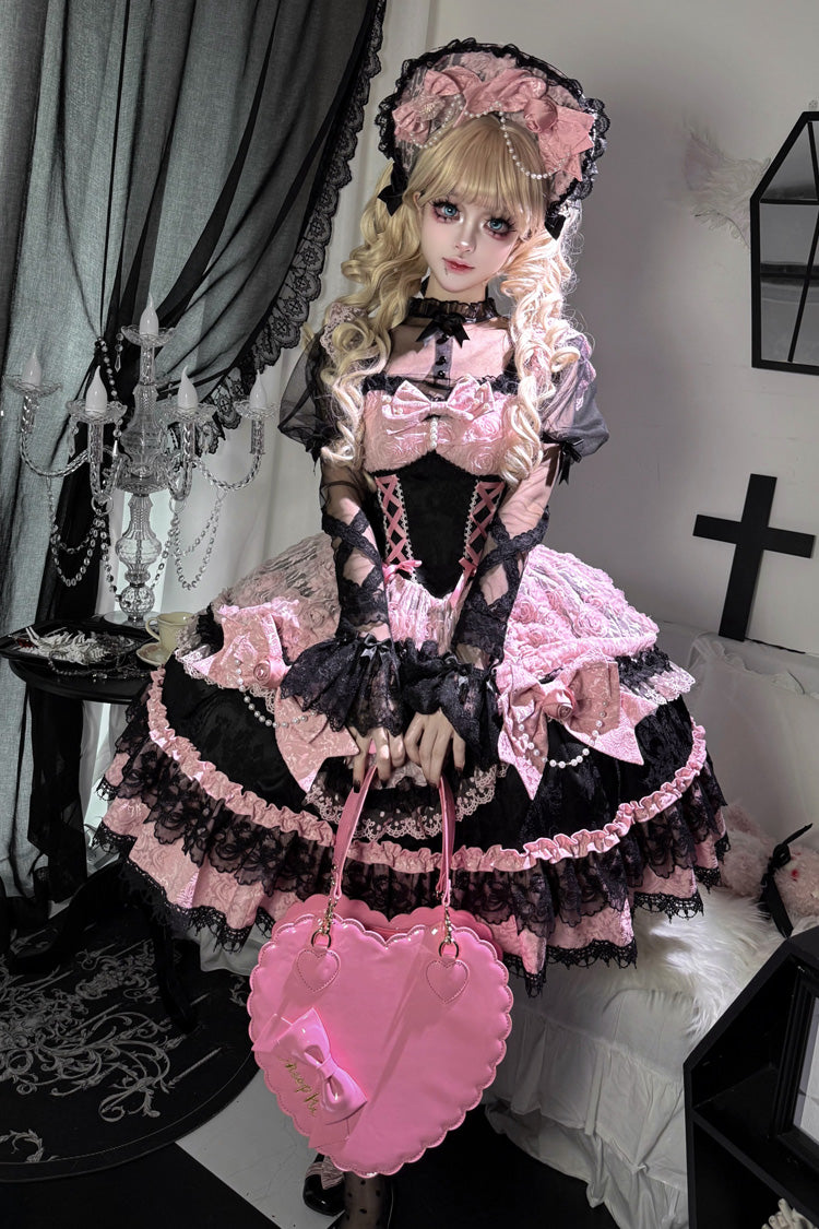 Black/Pink Rose Princess Sleeveless Ruffle Bowknot Lace Lace-Up Sweet Ballet Lolita Jsk Dress