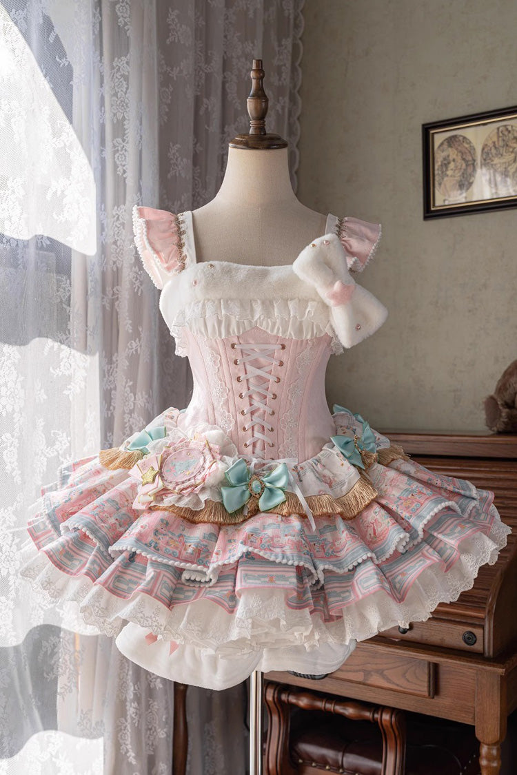 Pink Candy House Multi-Layered Print Ruffle Bowknot Lace-Up Sweet Ballet Lolita Jsk Dress